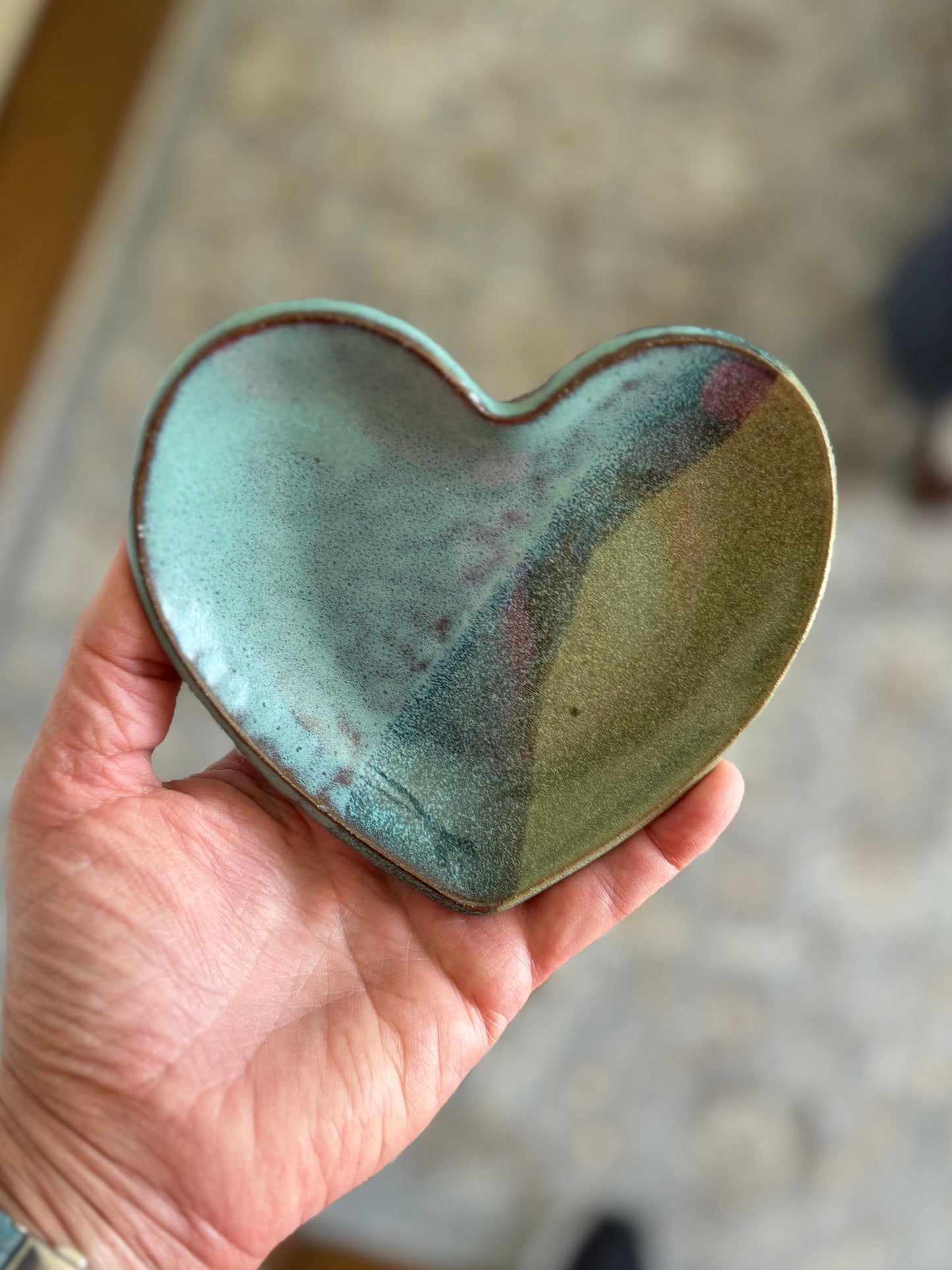 Handbuilt heart-shaped trinket dishes made from red clay with green and blue glaze – artisan ceramic ring dishes by Mountain Sky Pottery – handmade pottery gift, rustic jewelry holder, romantic home décor