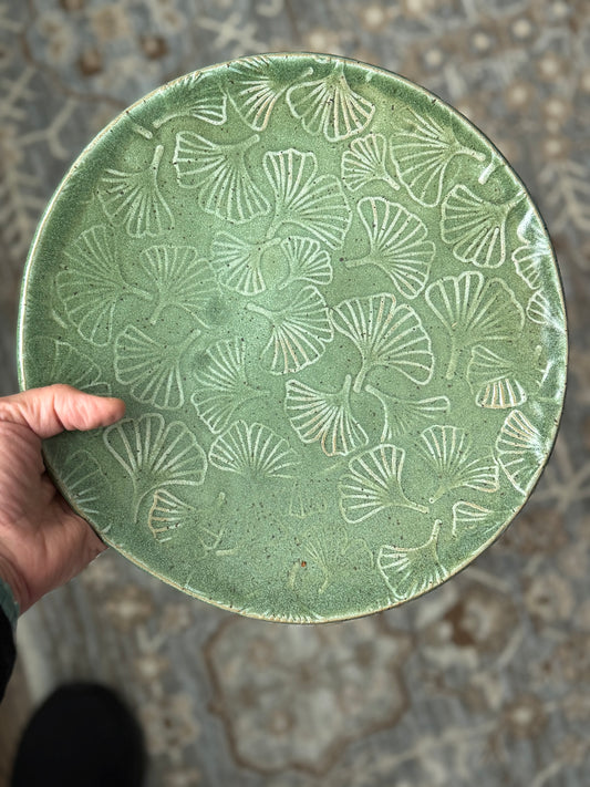 Green Ginkgo Serving Plate with Speckled Brown Clay (11 inches)