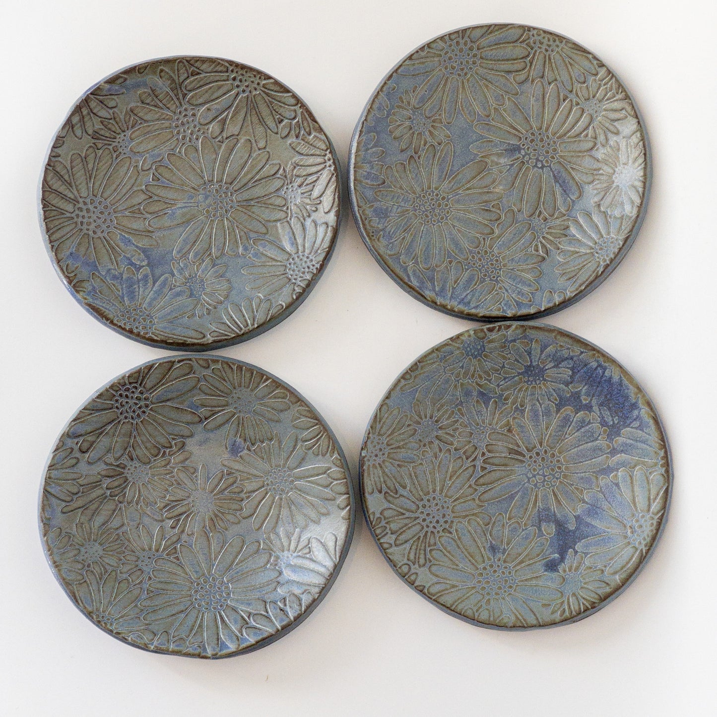 Set of Four Textured Slab Form Dishes in Blue with Daisies (5 inches)