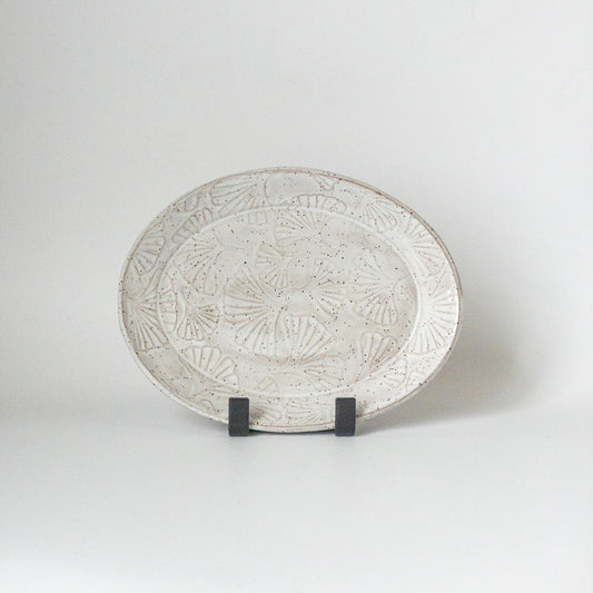 Shiny White Ginkgo Wide Oval Dish with Speckled Brown Clay (8 by 6.5 inches)