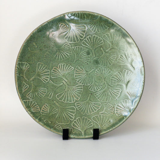 Green Ginkgo Serving Plate with Speckled Brown Clay (11 inches)